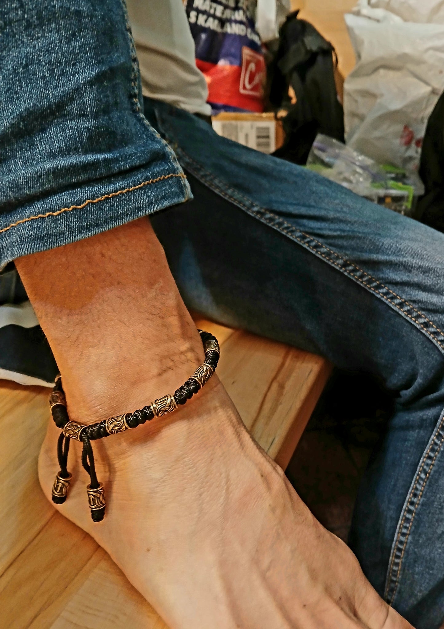 Men's Celtic Paracord Anklet, Viking Rune Brass Beads Ankle Bracelet, Adjustable Nordic Handmade Jewelry Gift for Him