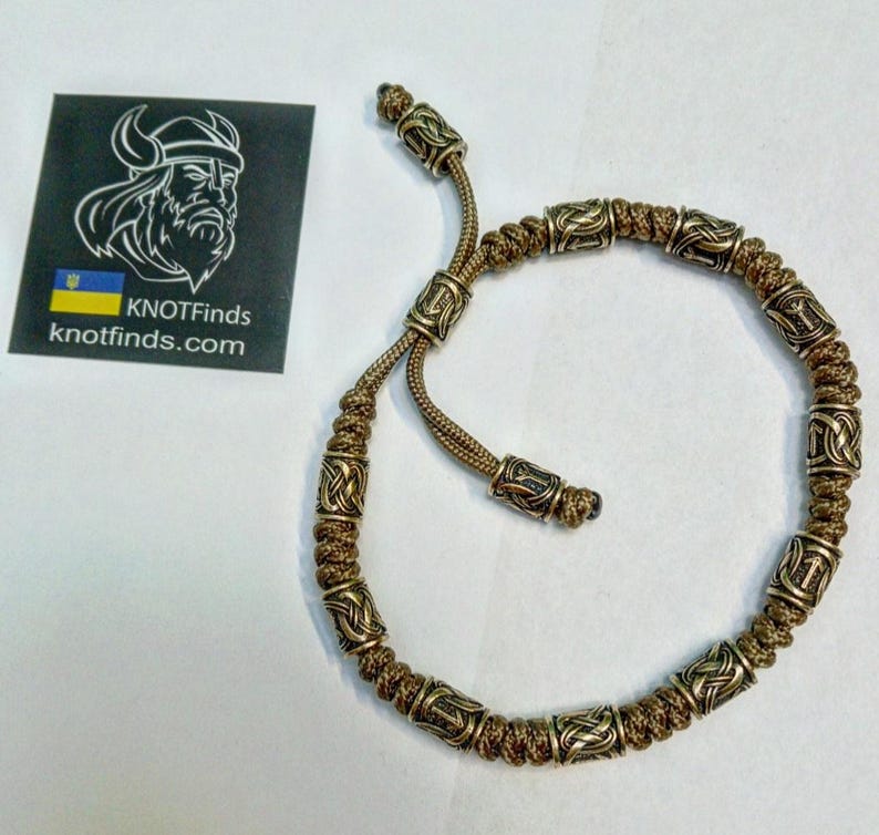 Men's Coastal Nomad Anklet – Tan Paracord Viking Rune Anklet, Brass Celtic Ankle Bracelet, Handmade Men's Beach Jewelry, Warrior Anklet