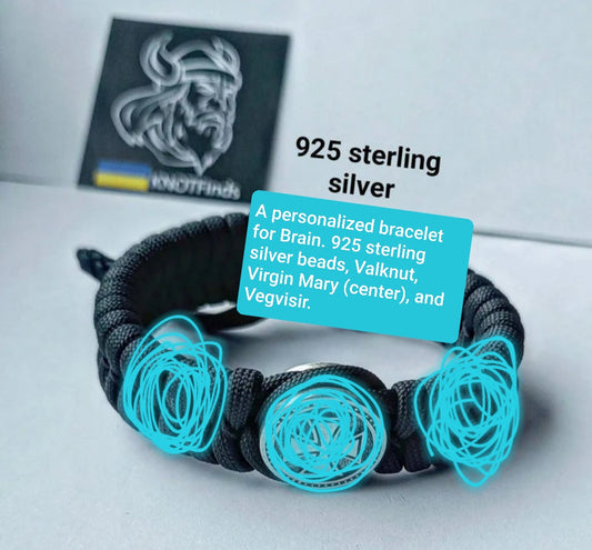 A personalized bracelet for Brain. 925 sterling silver beads, Valknut, Virgin Mary (center), and Vegvisir.