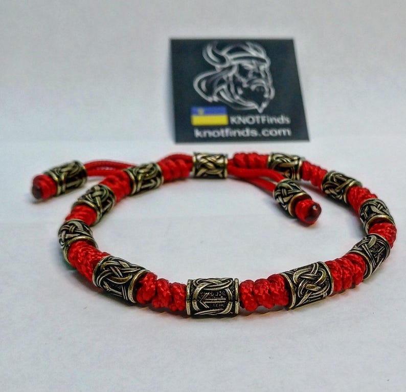 Men's Red Paracord Anklet – Celtic Rune Brass Anklet | Handmade Viking Warrior Anklet | Adjustable Men's Ankle Bracelet | Gift for Him