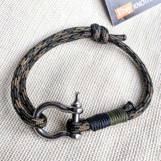 Army camouflage bangle rope made of paracord and Celtic knots. Stylish bracelet for men and women. A gift for a surfer, diver, skydiver.