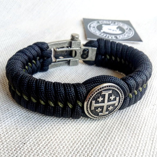 Black Paracord bracelet "JERUSALEM CROSS". The original brutal bracelet made of Celtic knots and beads. Scandinavian style.