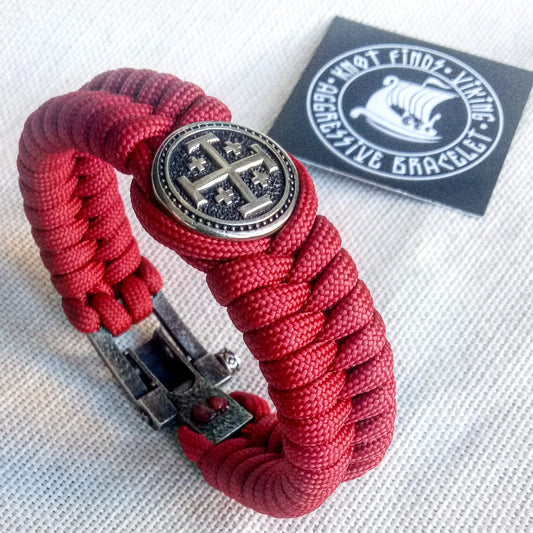 Red Paracord bracelet "JERUSALEM CROSS". The original brutal bracelet made of Celtic knots and beads. Scandinavian style.