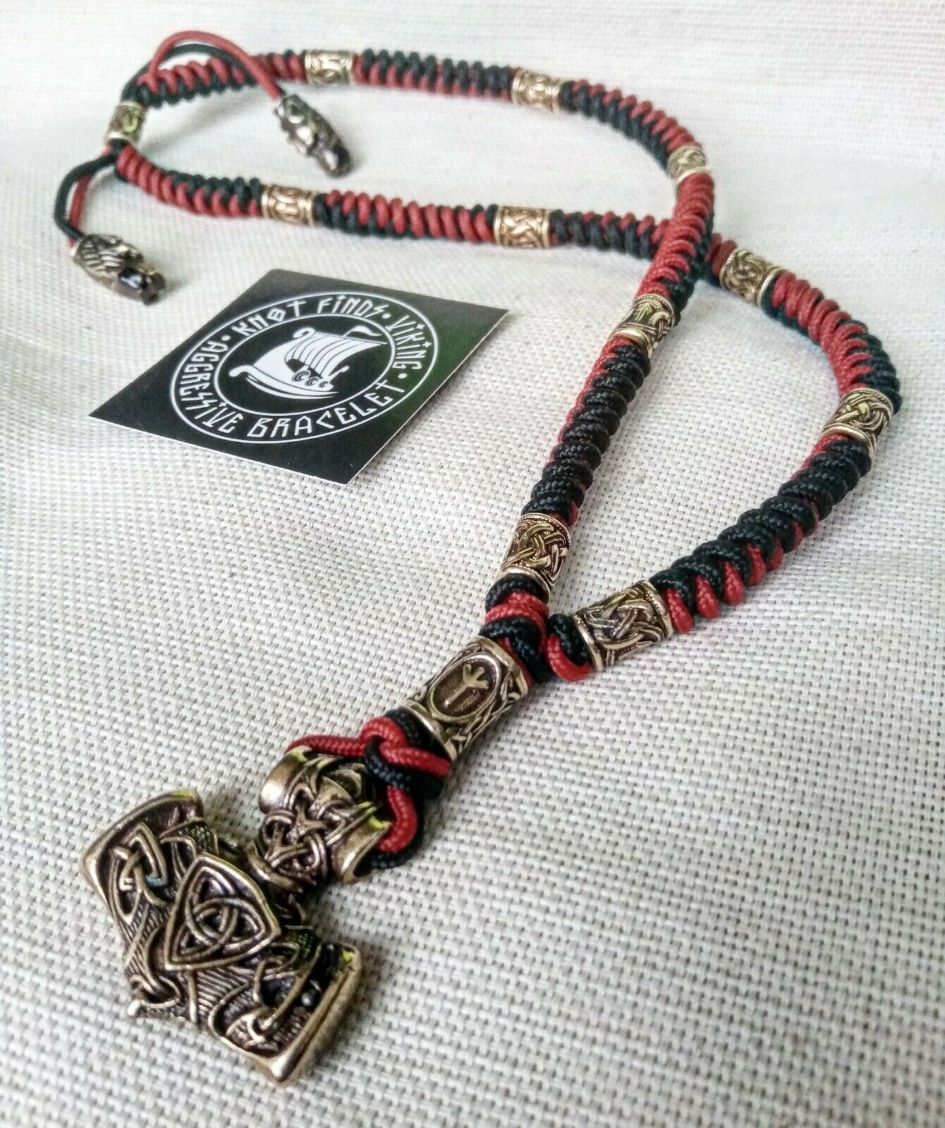 Mens necklace. Paracord necklace with beads. Mjolnir necklace. Celtic knot.