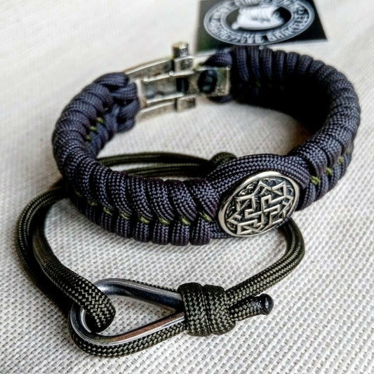 Paracord bracelet. Set of two bracelets. Graphite Paracord bracelet "VALKYRIE" and thin Green olive bracelet.