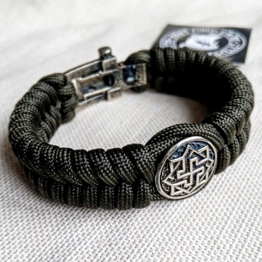 Paracord green olive bracelet "VALKYRIE". The original brutal bracelet made of Celtic knots and beads. Nordic bangle.