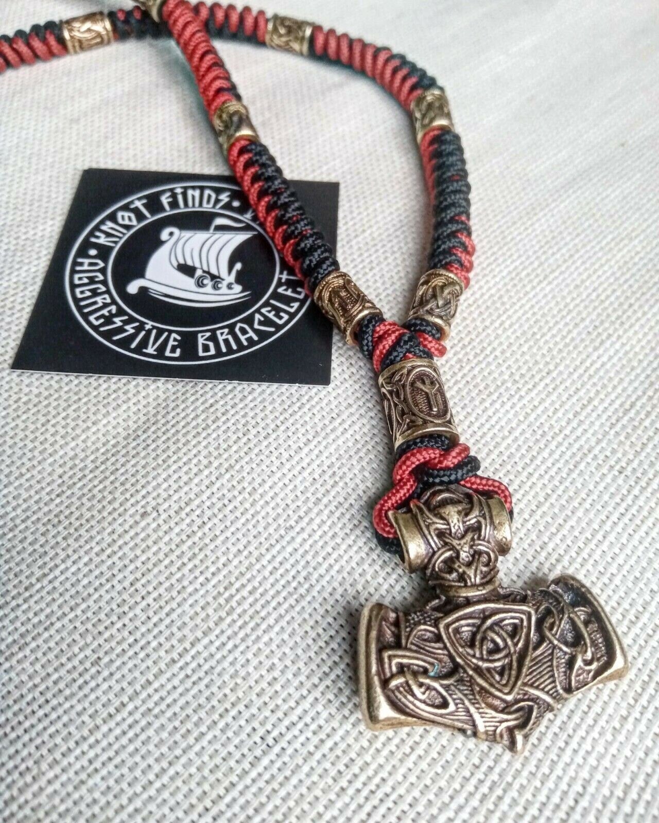 Mens necklace. Paracord necklace with beads. Mjolnir necklace. Celtic knot.