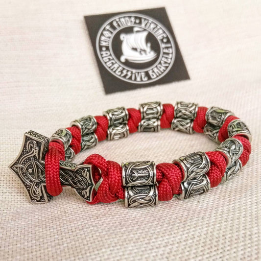 Red Paracord runic bracelet. Viking style. Scandinavian jewelry. Biker bangle. Mens accessory.