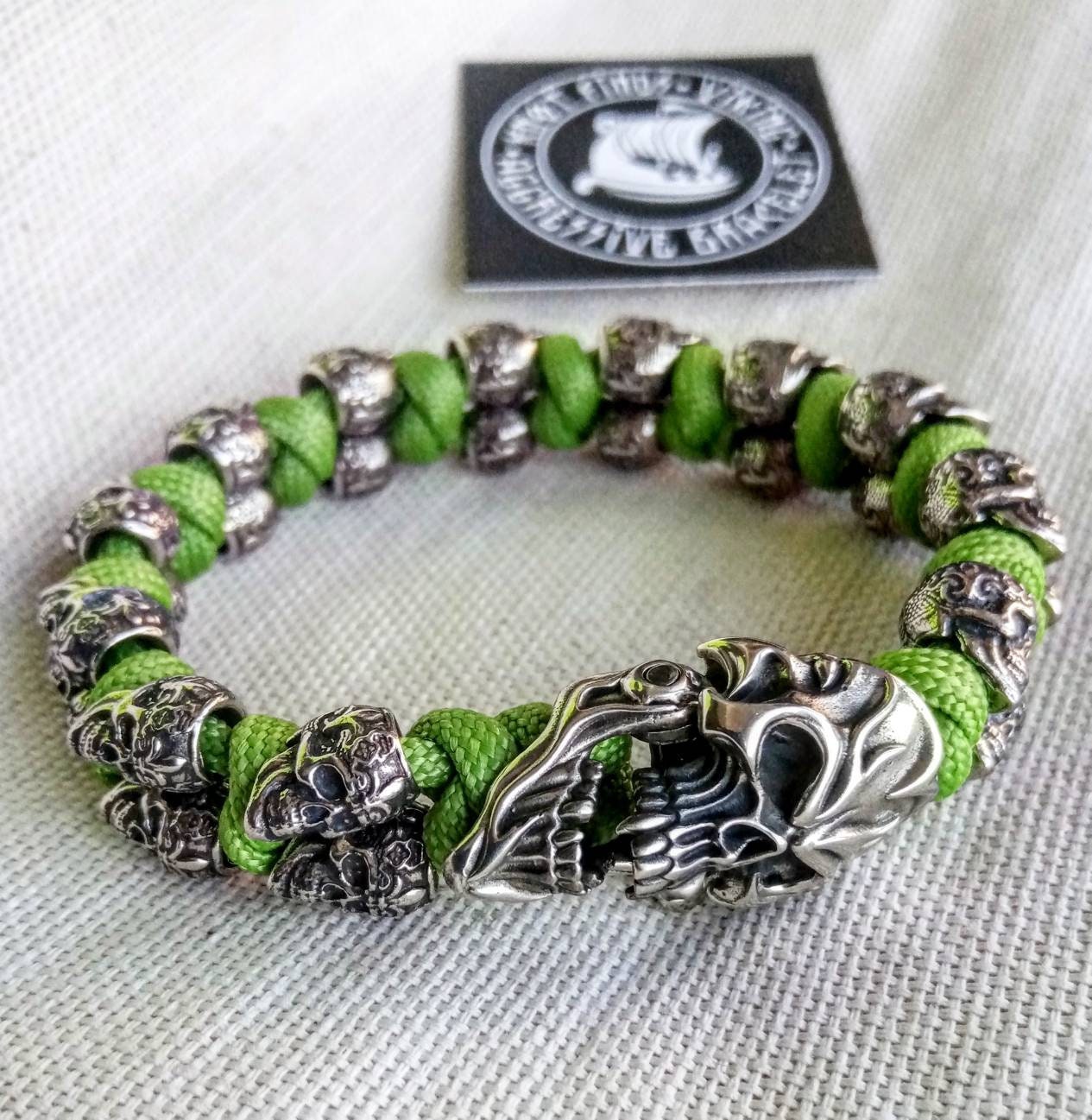 Paracord bracelet. Green mint Skull. Viking style. Scandinavian jewelry Gift for Halloween Aggressive bracelet with you for every day carry.