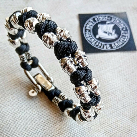 Skull paracord bracelet. Black bangle. Brutal style. Biker bangle. Halloween gift.