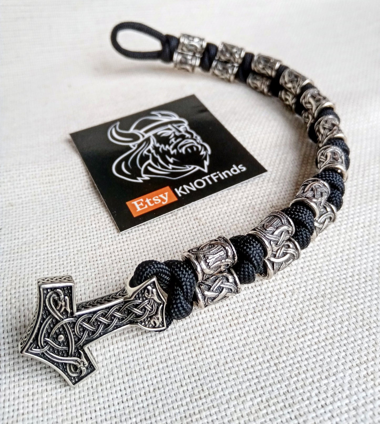 Runed steel beads, Thor's Hammer, black paracord 550. Set for weaving a bracelet from paracord.  DIY gift.  Do it yourself.