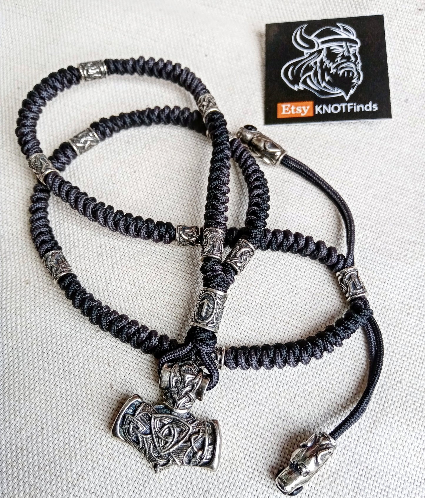 Necklace set. Runed beads, Thor's Hammer, black paracord 550. Set for weaving a necklace from paracord. DIY gift. Do it yourself.