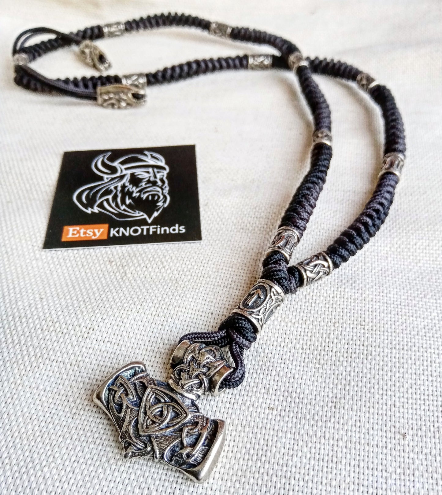 Necklace set. Runed beads, Thor's Hammer, black paracord 550. Set for weaving a necklace from paracord. DIY gift. Do it yourself.