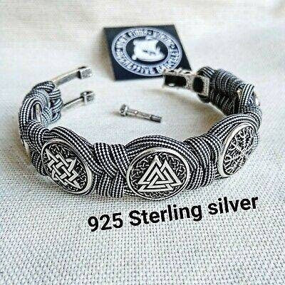 Silver 925 Sterling bracelet. Paracord bracelet. Viking protective amulet. Valknut. Helmet Horror.  Horror Helmet Fern Flower Square SVAROG