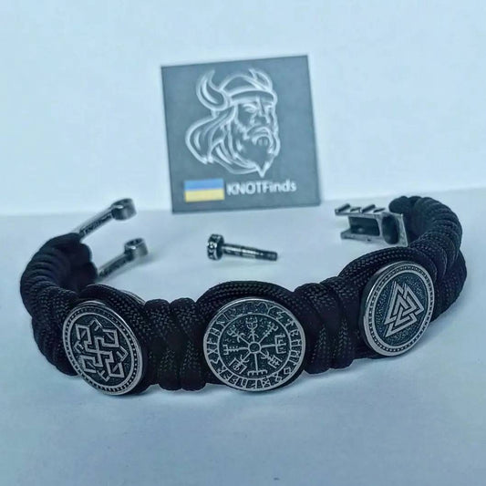 Viking protective amulet with steel beads Valkyrie, Vegvisir, Valknut. Scandinavian jewelry.