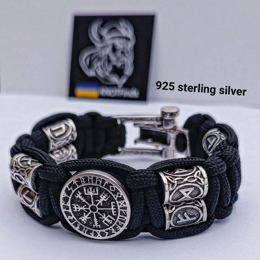 Vegvisir and runes paracord bracelet. 925 Sterling silver runes. Viking jewelry. Protective amulet.