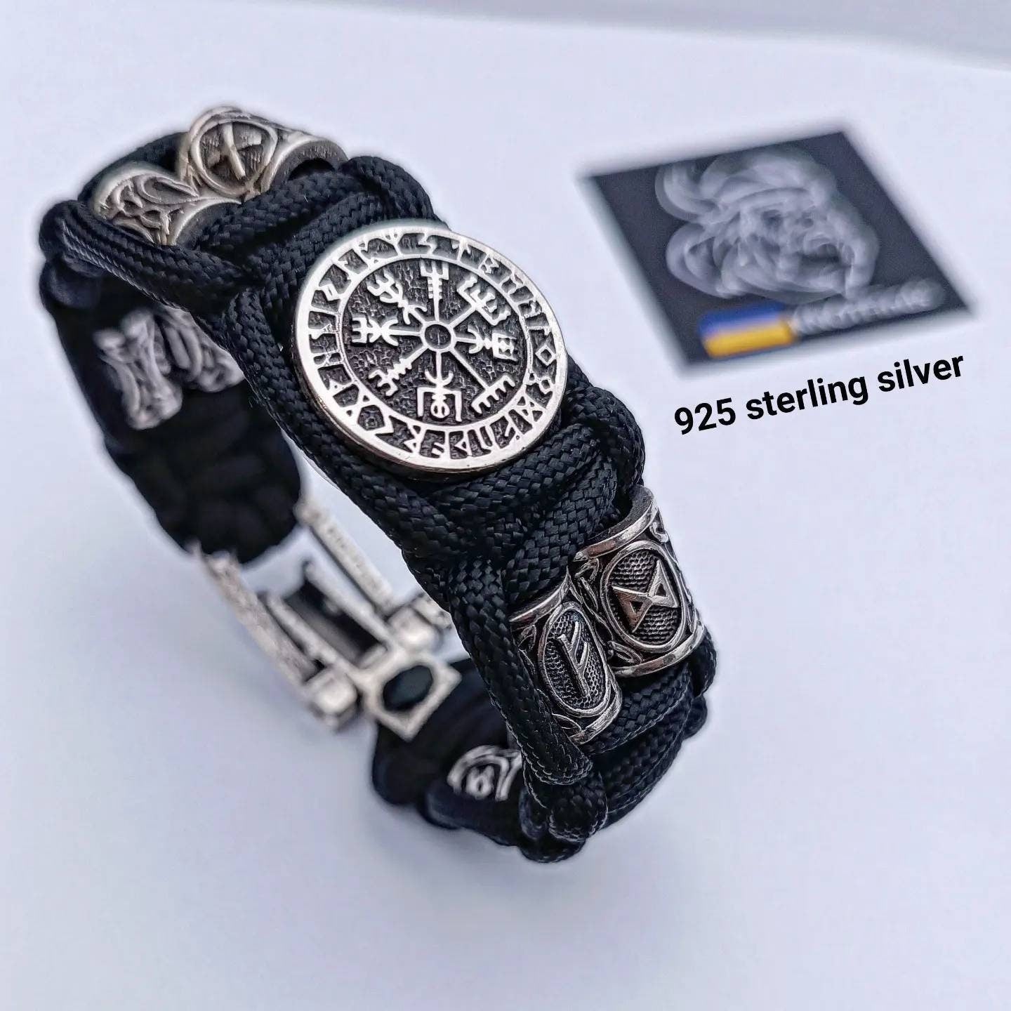 Vegvisir and runes paracord bracelet. 925 Sterling silver runes. Viking jewelry. Protective amulet.