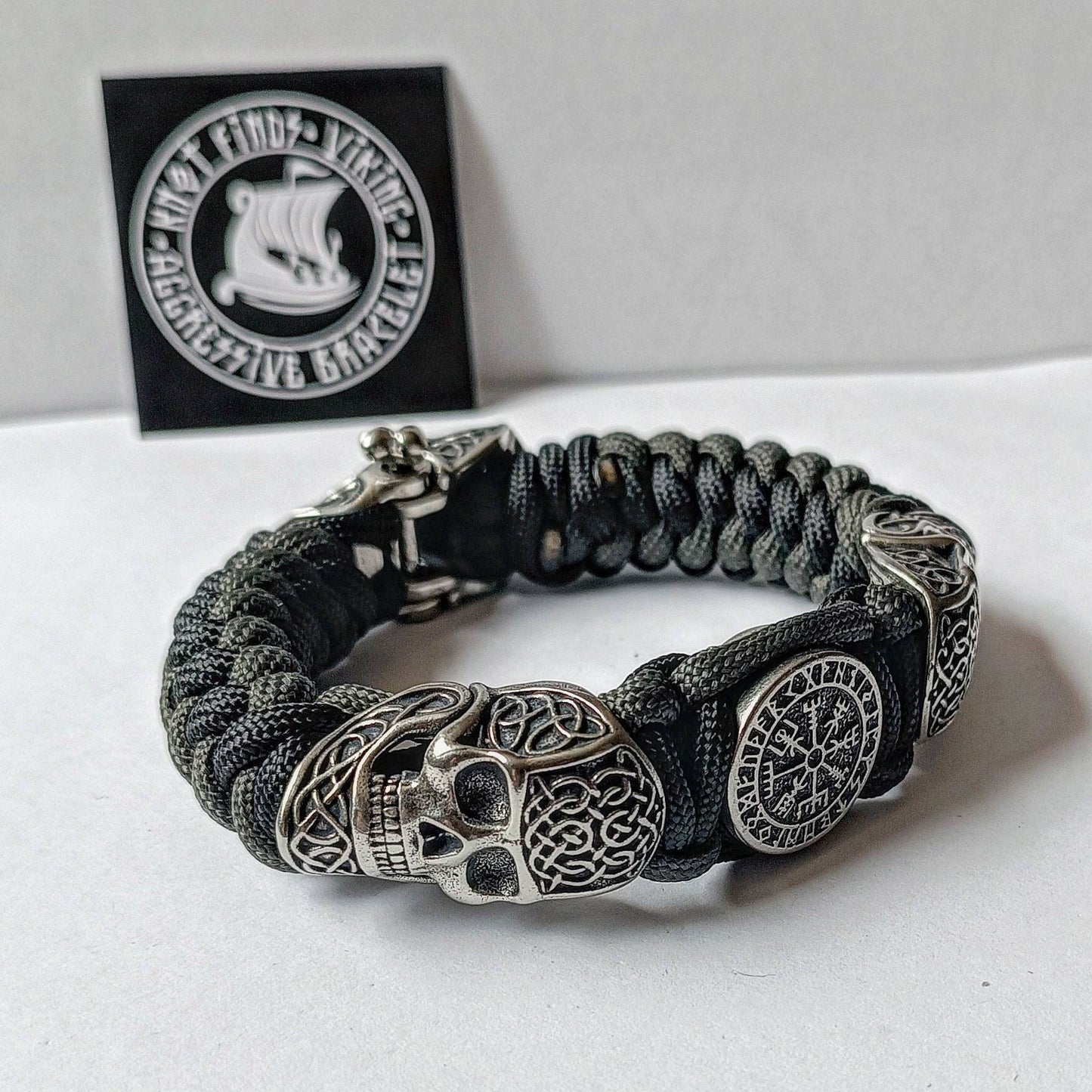 Scandinavian skull bracelet. Vegvisir symbol. Biker bangle. A great brutal gift for men and women who prefer a brutal style and skull.